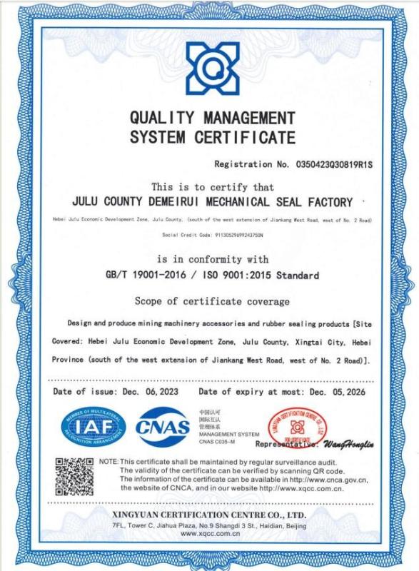 ISO9001:2015 - Julu County Demeirui Mechanical Seal Factory