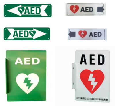 China White Green AED Emergency Defibrillator Sign Custom Defibrillator Heart Restarter Sign for sale