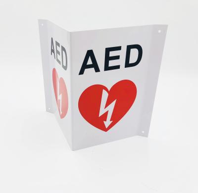 China Triangular White AED Wall Sign , V Shape Plastic First Aid AED Sign for sale