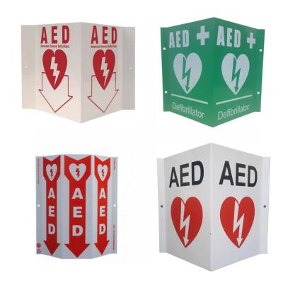 China White Wall Mount AED Wall Sign Green Plastic Defibrillator AED V Sign Custom Aluminum AED Sign for sale
