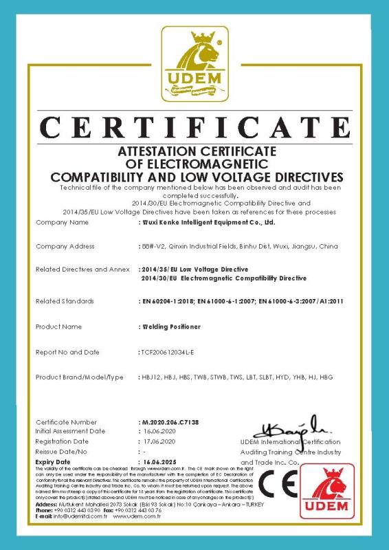 CE Certificate-ELECTROMAGNETIC COMPATIBILITY AND LOW VOLTAGE DIRECTIVES - WUXI KENKE INTELLIGENT EQUIPMENT CO.,LTD.