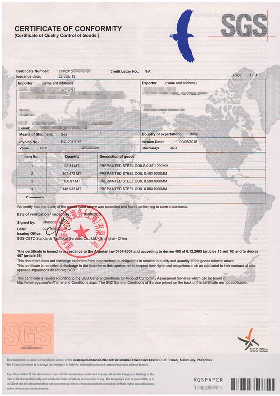 CERTIFICATE OF CONFORMITY - HONG KONG SUNRISE MATERIALS CO., LIMITED