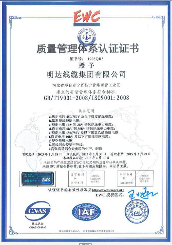 ISO 9001-2008 - MINGDA WIRE AND CABLE GROUP CO.,LTD.