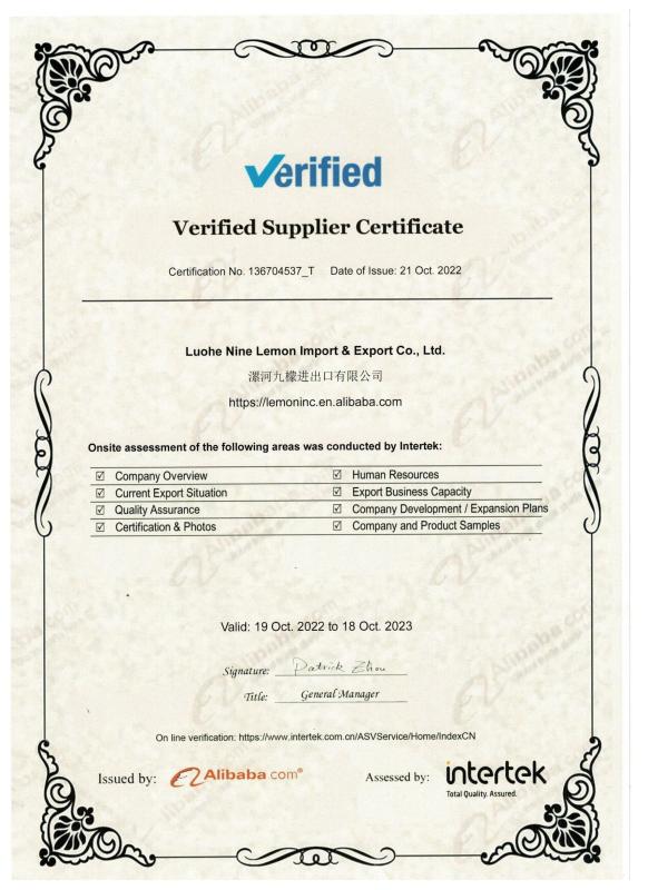 Supplier Assessment Certificate - LemonMech Machinery Co.,Ltd.