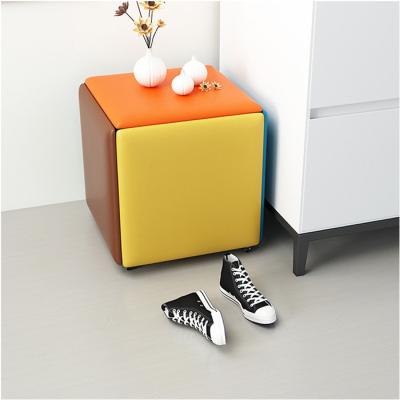 China Knitted Yellow Pink Leather Cube Foot Stool Faux Leather for sale