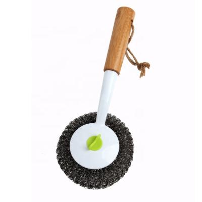 China Stainless Steel Household Cleaning Brush Round Wire With Bamboo Handle Kitchen Cleaning Ball for sale