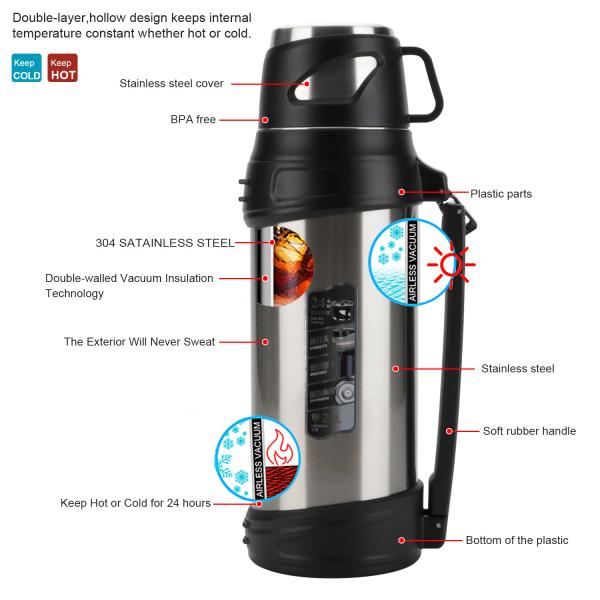 Quality 2000ml Vacuum Travel Pot Mug Large Capacity Outdoor With Handle Belt Stainless for sale