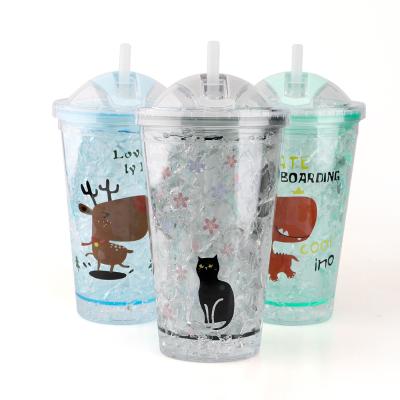 China Eco-Friendly Plastic Material Cooling Water Bottle Double Wall Glittery Cup Skinny Tumbler Plastic With Straw Lid For Promotion for sale