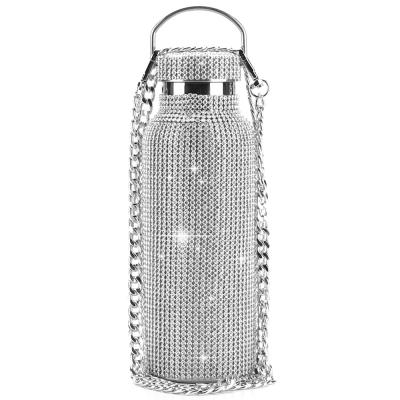 China Women Creative Portable Handle Color Crystal Rhinestone Diamond Bling Bling Stainless Steel Vacuum Thermos Flask Water Bottle for sale