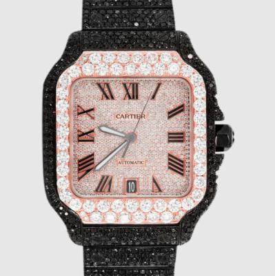 China Kratzer-beständige schwarze gefrorene Heraus-Uhr-Quadrat-Skala Santos 40mm SS mit Diamanten zu verkaufen
