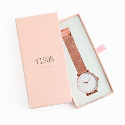 China Custom Luxury Pink Rigid Hard Paper Sliding Packaging Watch Box With Drawer for sale