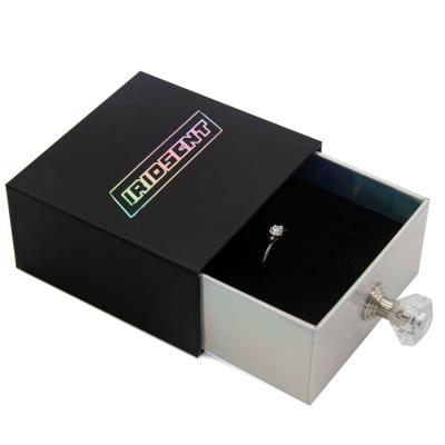 China Custom Luxury Black Paper Sliding Drawer Velvet Jewelry Ring Box for sale