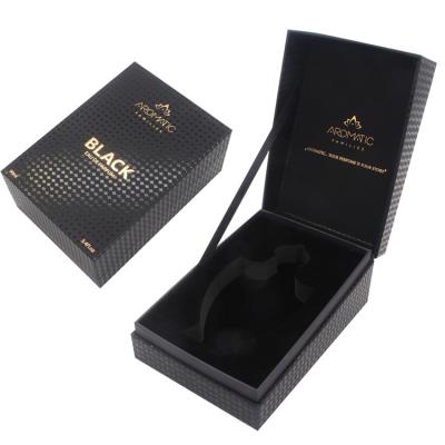 China Black Rigid Paper Perfume Packing Box With Gold Logo for sale