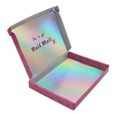 China Custom Logo Printing Corrugated Cardboard Red Small Thin Holographic Mailer Box Packaging Holographic Foil Packing Box for sale
