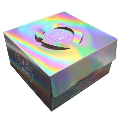 China Customised Logo Printing Paper Wholesale Luxury Pink Holographic Square Cake Packaging Boxes For Sale for sale