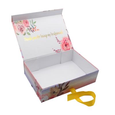China Custom Logo Printed Folding Magnetic Wedding Favor Invitation Bridesmaid Groom Gift Boxes With Ribbon for sale