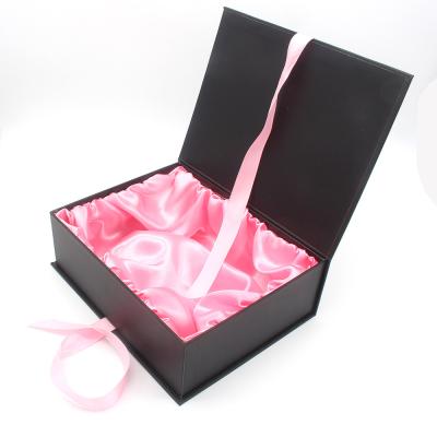 China Custom Logo Printed Black Pink Magnetic Luxury Silk Satin Lined Packaging Gift Box With Lid And Ribbon for sale