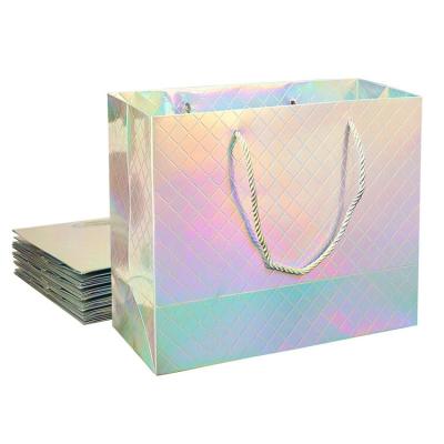 China Custom Logo Printed Wholesale Retail Rainbow Iridescent Fancy Holographic Hologram Paper Gift Bags for sale