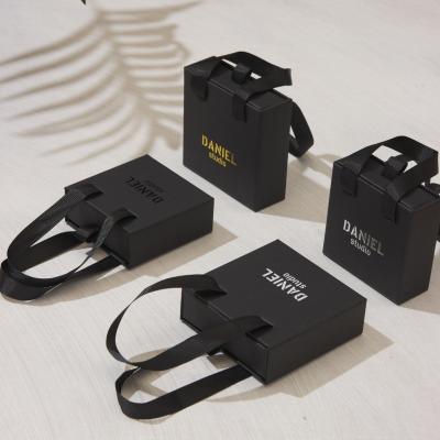 China Custom Logo Printed Black Cute Slide Jewelry Packaging Display Gift Box With Ribbon Handle for sale