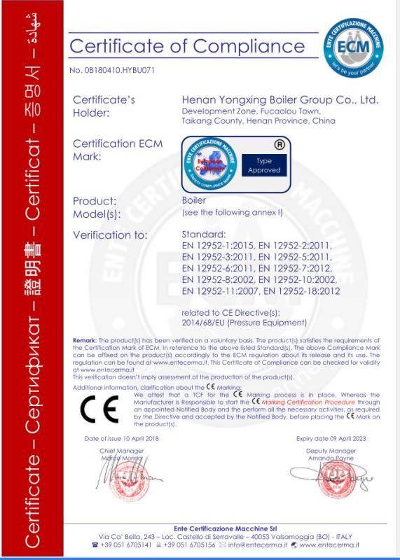 CE CERTIFICATIONS - Yong Xing Boiler Group Co.,Ltd