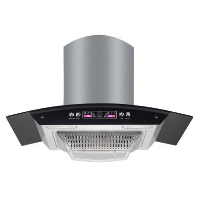 China Island Stainless Steel Glass Arc Chimney Hood Wall Mounted Kitchen Range Hood for sale
