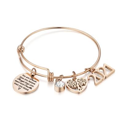 China FASHIONABLE Women Inspiration Jewelry Silver Gold Plated Heart Stainless Steel Charm Bracelet Engraved Adjustable Wire Bangle Bracelet for sale