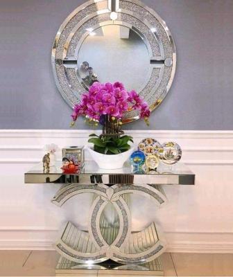 China Sparkly silver mirrored console table crushed diamond decorative CC hallway table for living room for sale