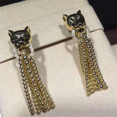 China C earrings, 18K gold, inlaid with 34 round bright cut diamonds, Shafrey garnet leopard eyes, Onyx factory in China for sale