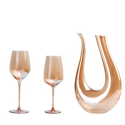 China Clear Crystal Wine Glasses Mouth Blown Electroplated Amber Champagne Flutes for sale