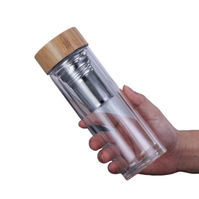 China Botella de cristal modificada para requisitos particulares de Borosilicate, botella de consumición de cristal clara con la tapa de bambú en venta