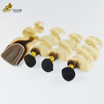 China 1B Blonde Ombre Human Hair Extensions Remy Weave Wig Bundles With Closure for sale