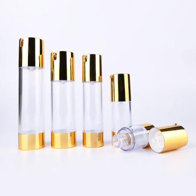 China Las botellas cosméticas privadas de aire transparentes del oro para la loción rocían 30ml 50ml en venta