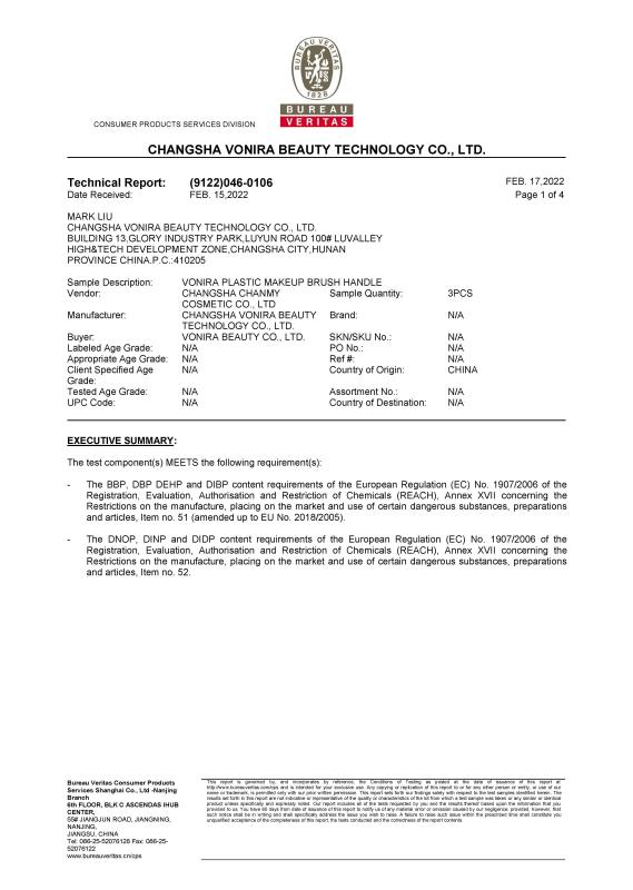 Vonira Beauty Plastic Handle BV Test Certificate - Changsha Chanmy Cosmetics Co., Ltd