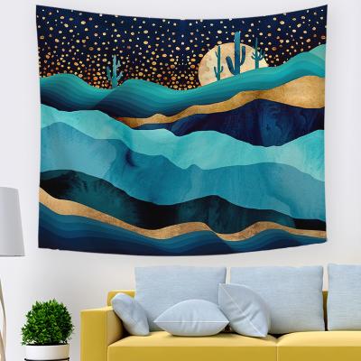 China unset Mountain Tapestry,The Mountains Surround The River Silhouette Watercolor Surface Abstract Design with Sunset Décor for sale