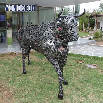 China Outdoor animal art decoration abstract hollow parts assembly bison stainless steel sculpture for sale