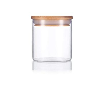 China 16oz Wooden Lid Glass Jar Clear Herb Storage Jar Suction High Borosilicate Glass for sale