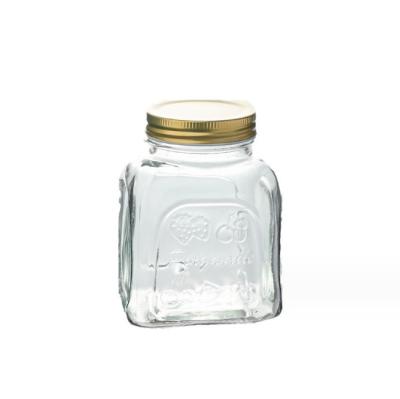 China Bulk Empty 8oz 16oz 26oz Carved Logo Square Glass Mason Jar With Gold Screw Lid à venda