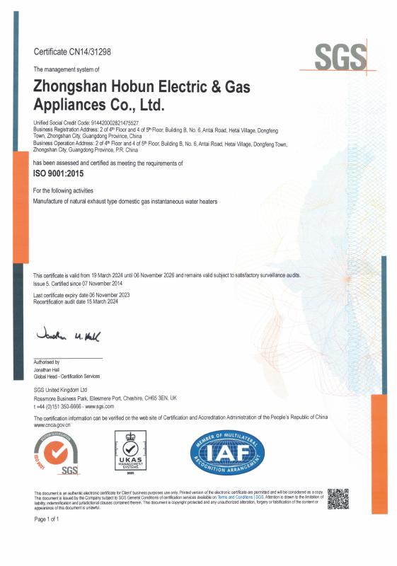 ISO 9001:2015 - Zhongshan Hobun Electric & Gas Appliances Co., Ltd.
