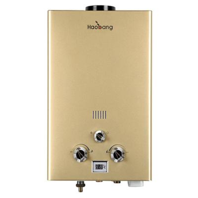 China LPG NG Gas Geyser 6L Tankless Instant Water Heater Golden Panel for sale