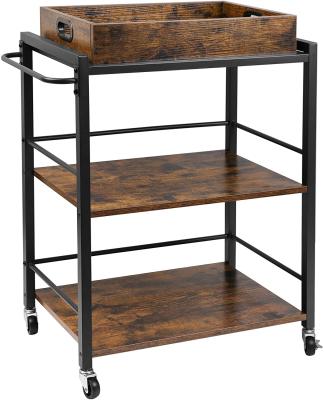 China Food Serving Oak Wood Catering Modern Kitchen Cart Trolley 3 Tier Rustic Brown for sale