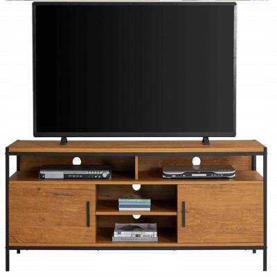 China Metal Frame TV Console Cabinet Brown Rustic Oak TV Stand With Two Doors for sale