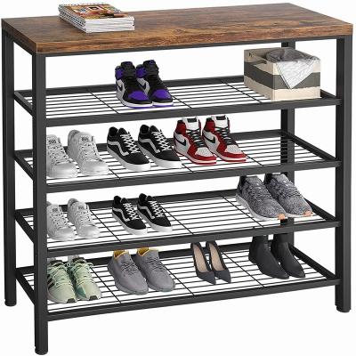 China Rustic Large 5 Tier Metal 18 Pair Shoe Rack Unit With Wood Board for sale