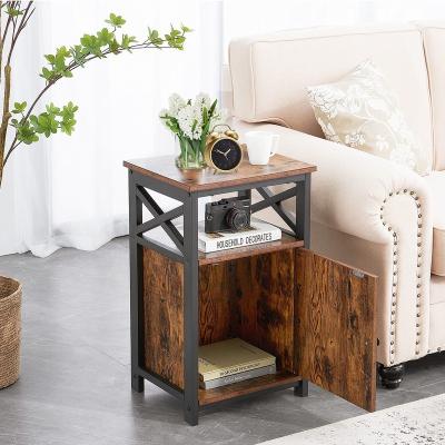 China Metal Frame Industrial Bedside Cabinet MDF Brown Wood Nightstand for sale