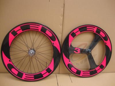 China New 700c 3k/UD HED glossy front tri-spokes&88rear carbon clincher wheelsets for track bike for sale