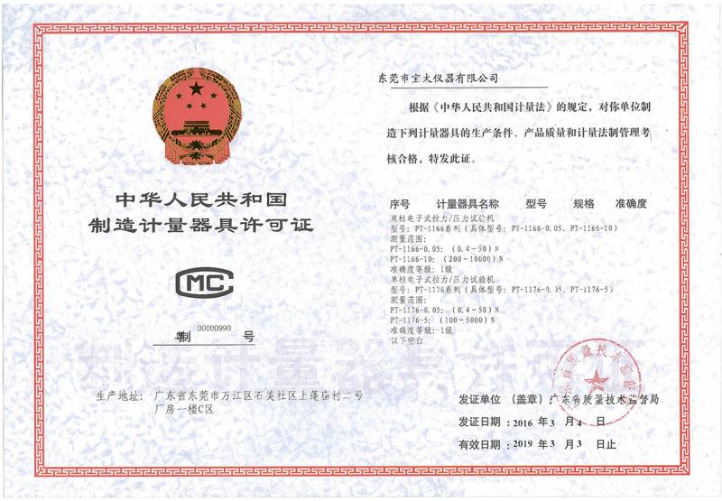 License for Manufacturing Measuring Instruments - Perfect International Instruments Co., Ltd