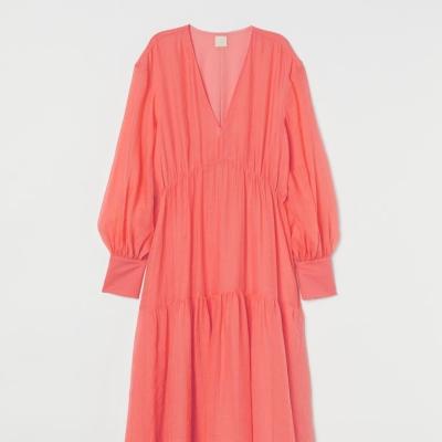 China Orange Nylon 100 Tencel Fabric Lyocell Blend Wrap Midi Dress Ruffle Style for sale