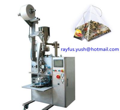 China Pyramid Triangle Bag Automatic Plastic Pouch Packing Machine With Thread Tag In Outer for sale