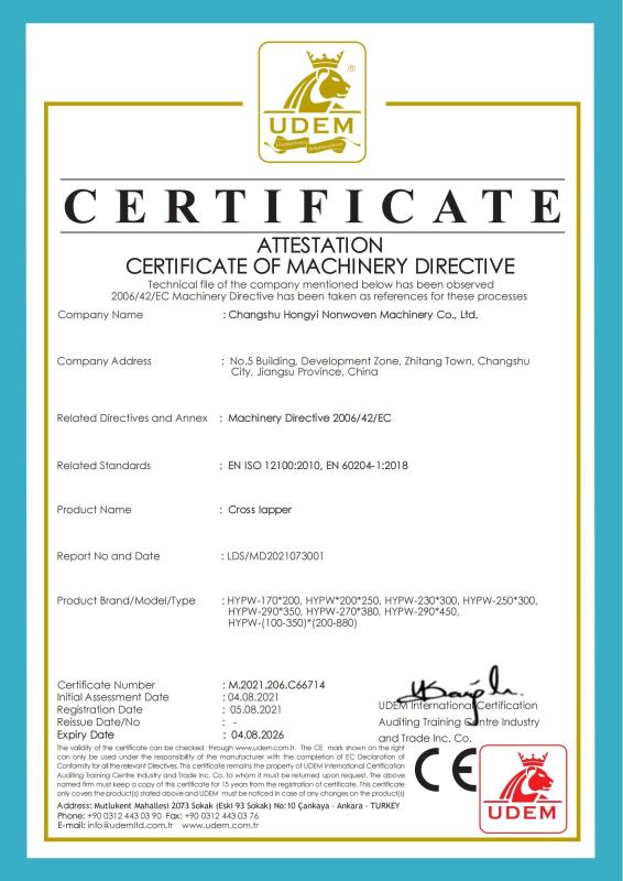 CE CERTIFICATE - Changshu Hongyi Nonwoven Machinery Co.,Ltd
