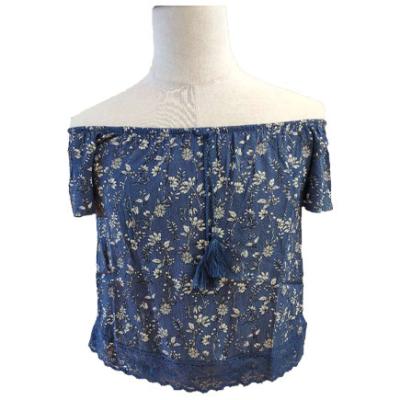 China Plain dyed Laceup Ruffles Floral Print O Neck Shirt For Ladies for sale