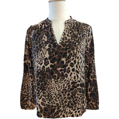 China V Neck Leopard Print Long Sleeve Women Casual Blouses for sale